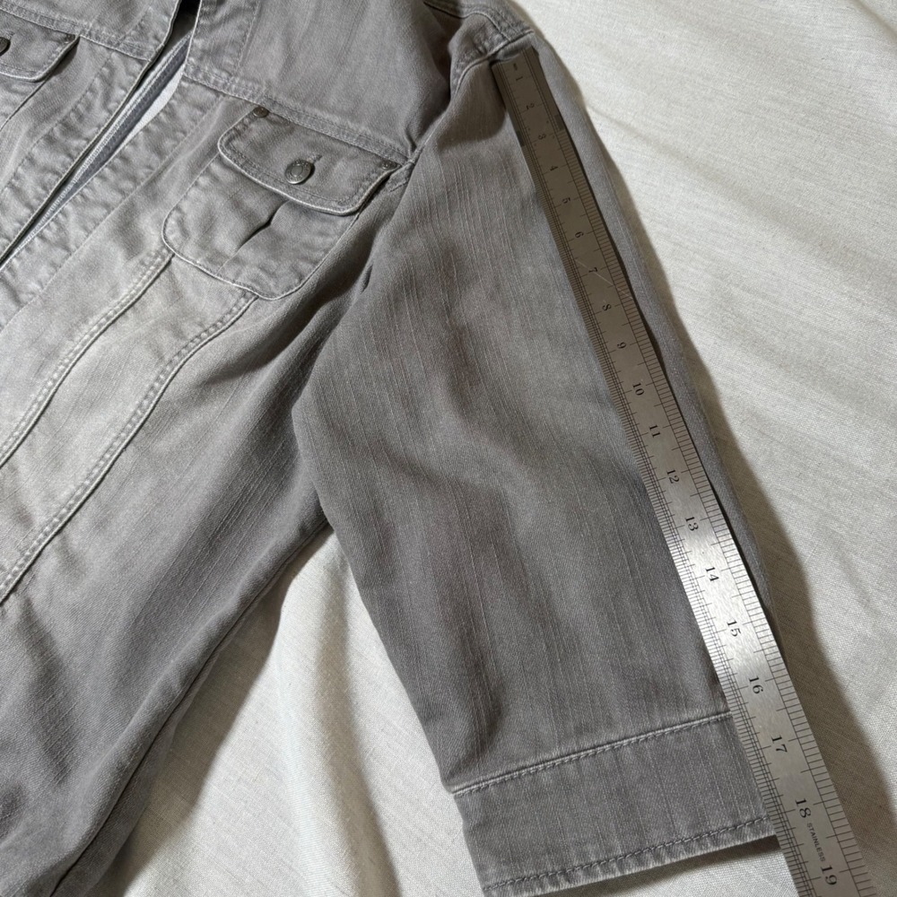 Chicos Additions Gray Denim Jacket Collarless 3/4 Sleeve Size 3 XL Open Front - Picture 9 of 10